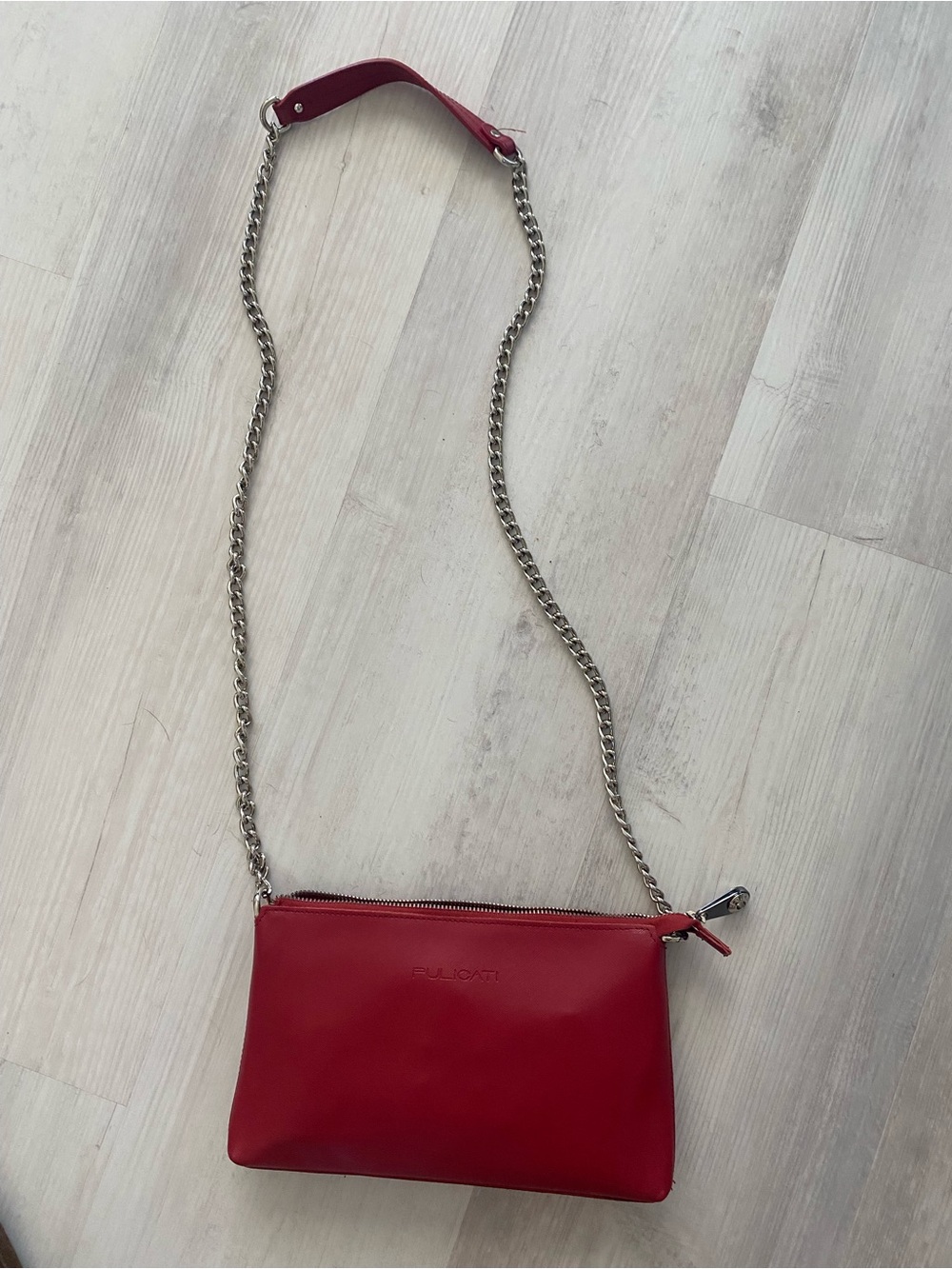 PULICATI brand red Leather Crossbody Bag with silver Chain Strap